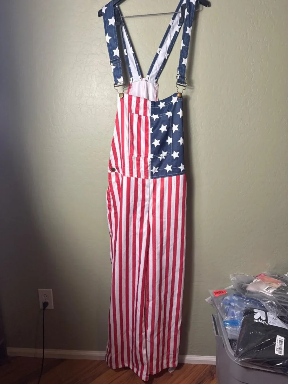 Esiaphia Men's American Flag Overalls (Small) Red White Blue